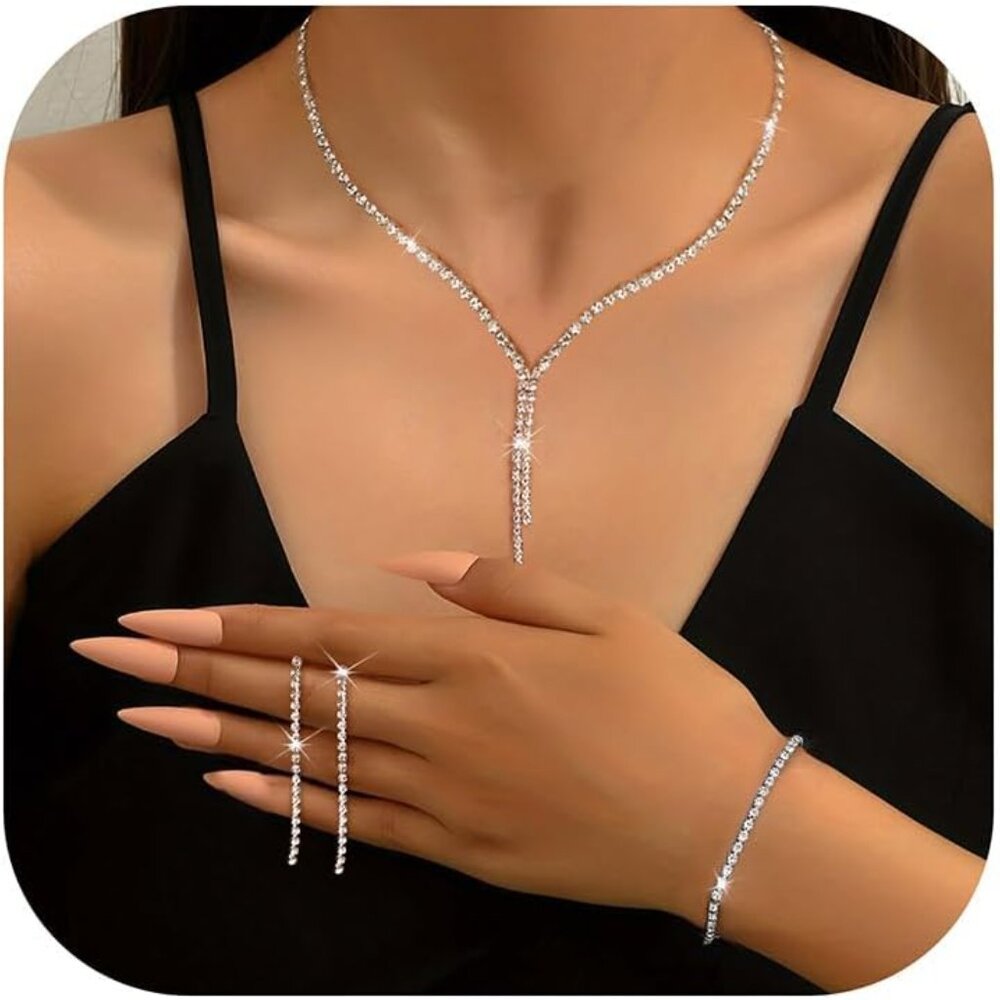 Silver Jewelry Set Wedding Jewelry Sets for Brides Bridesmaid Rhinestone Crystal